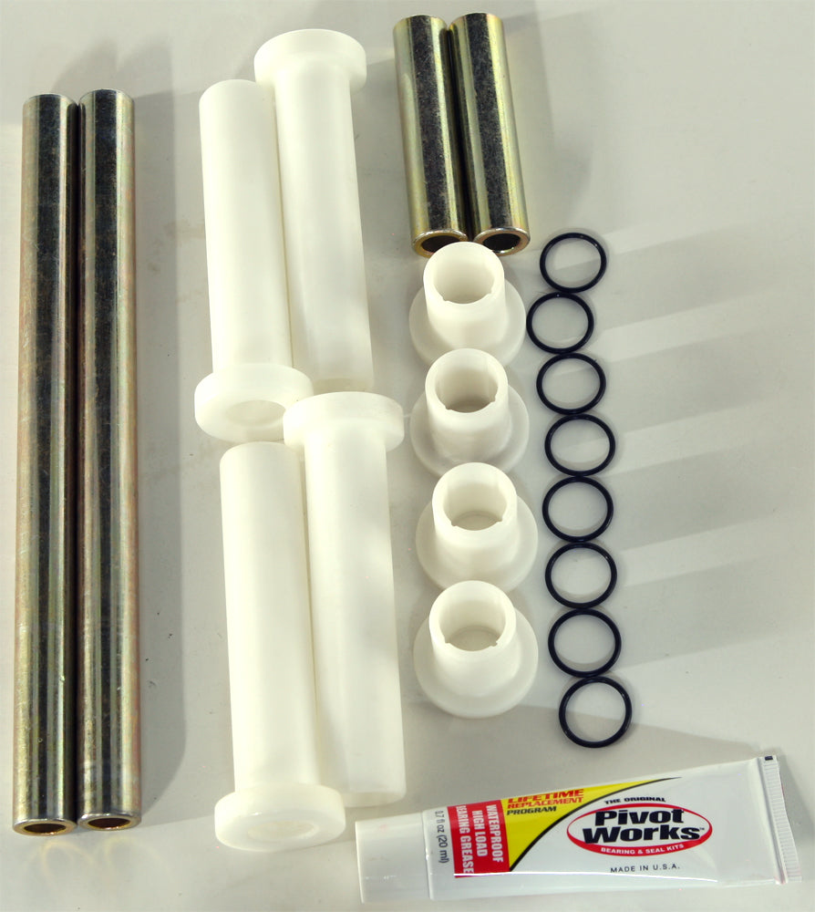 Pivot Works upper rear A-arm kit for suspension, featuring durable components, shown in a close-up view with various parts.