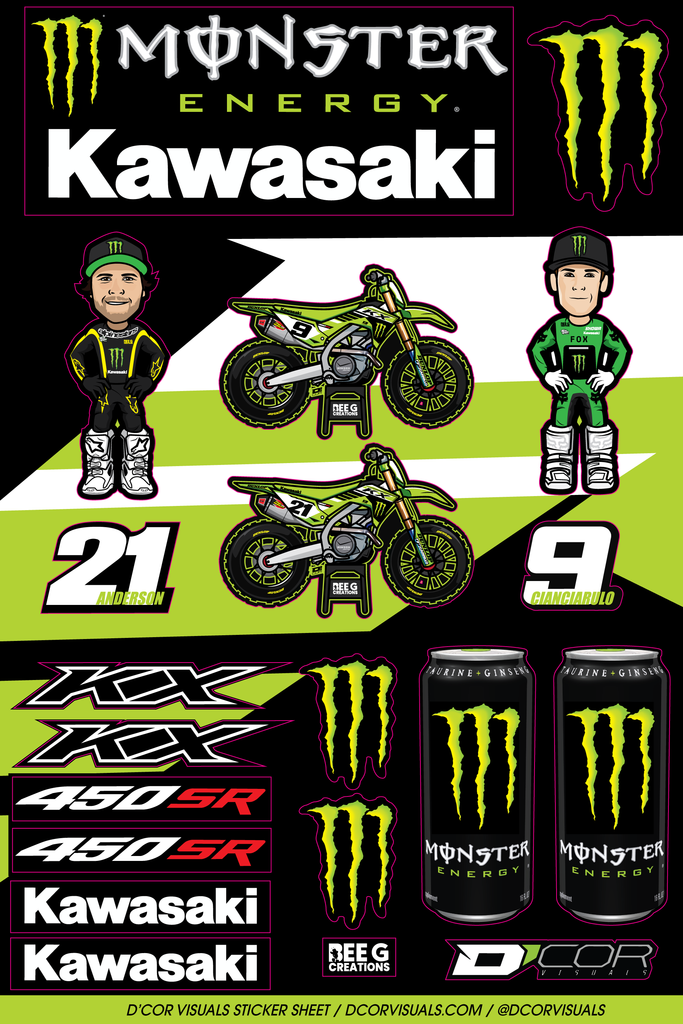 DCOR Kawasaki decal sheets with graphics and decals, featuring colorful designs and branding for motorcycle customization.