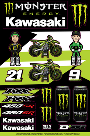 DCOR Kawasaki decal sheets with graphics and decals, featuring colorful designs and branding for motorcycle customization.