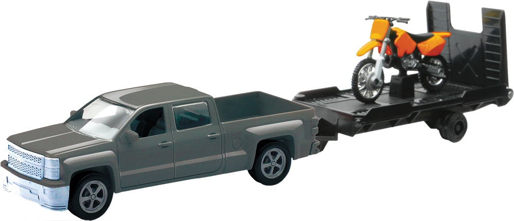 New Ray Toys 1:43 Chevy Silver truck with orange bike replica, detailed accessories for diecast collection.