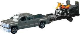 New Ray Toys 1:43 Chevy Silver truck with orange bike replica, detailed accessories for diecast collection.