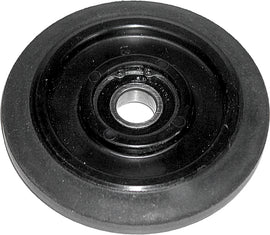 Black Ppd idler wheel measuring 4.25 x 0.625 inches, suitable for industrial equipment, shown in the image.