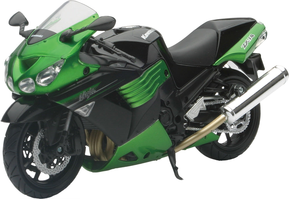 Green Kawasaki ZX14 Super Sport Bike replica by New Ray Toys, detailed 1:12 scale model with vibrant green finish.