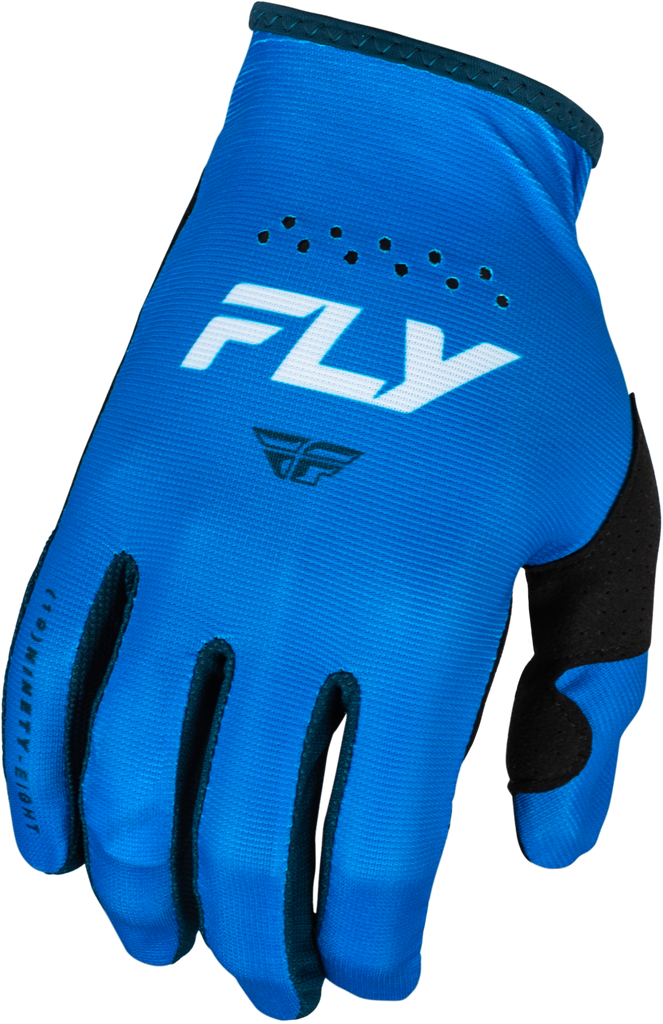 Fly Racing Youth Lite Gloves in blue and white, featuring lightweight design and flexible fit for young riders.