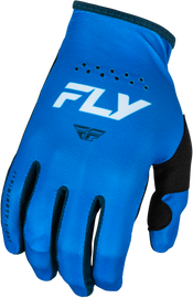 Fly Racing Lite Gloves in blue and white, size medium, lightweight motocross gloves with padded palms and adjustable wrist straps.