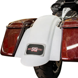 BAGGERNATION Swoop Short Sport Rear Fender with Chrome Plate Frame on motorcycle body, showcasing sleek design and chrome accents.