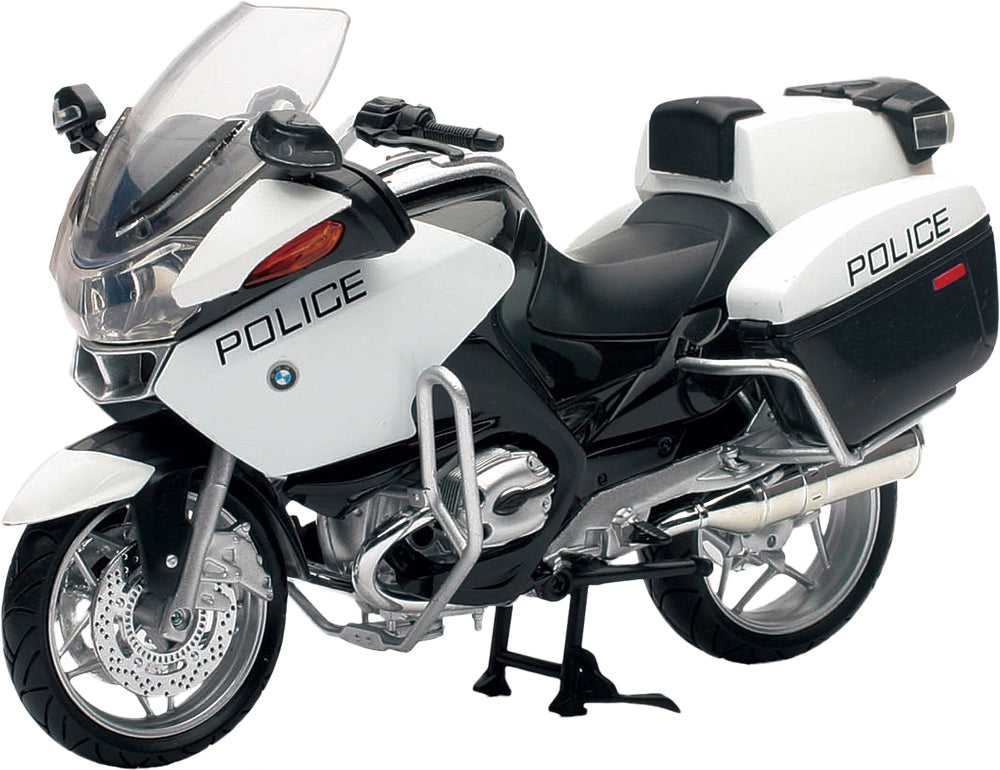 White BMW R1200 RT-P police replica toy from New Ray Toys, detailed 1:12 scale sport touring motorcycle accessory.