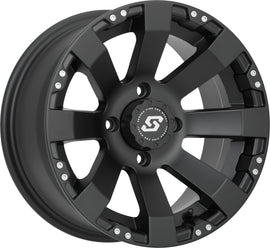 Sedona Spyder 14x7 off-road wheel in black with 4/110 bolt pattern, 5+2 offset, and +10mm offset, on display.