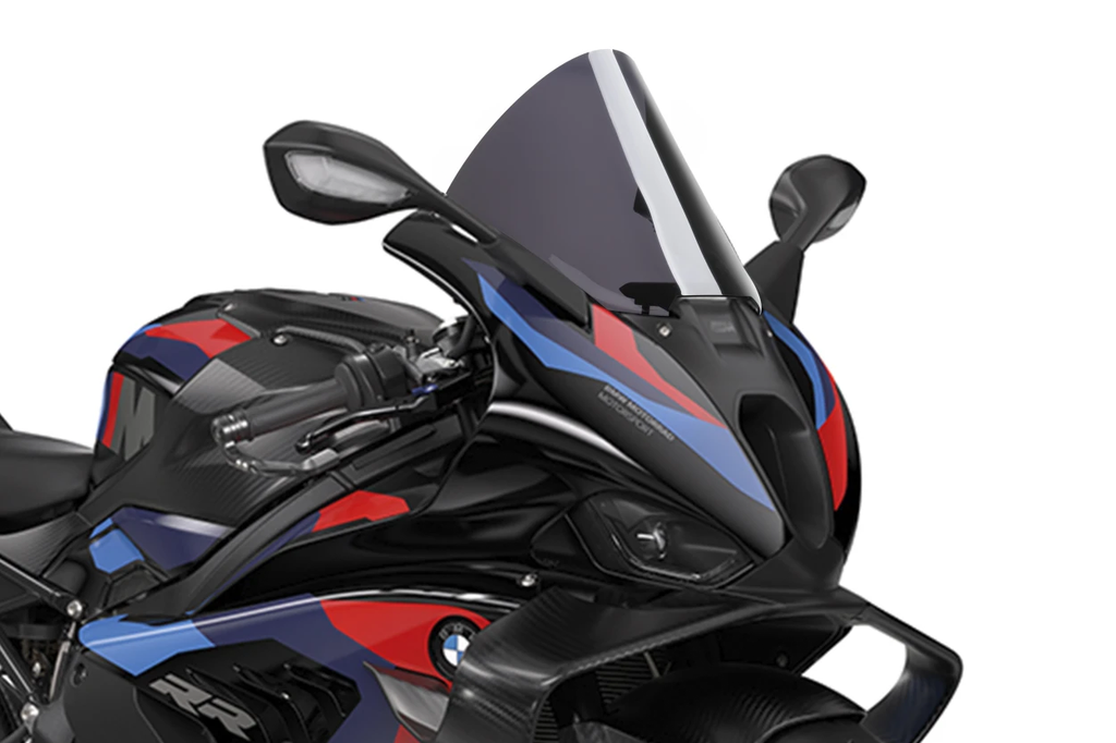 PUIG dark smoke R-Racer motorcycle windscreen for BMW, clear and aerodynamic windshield for improved riding comfort.