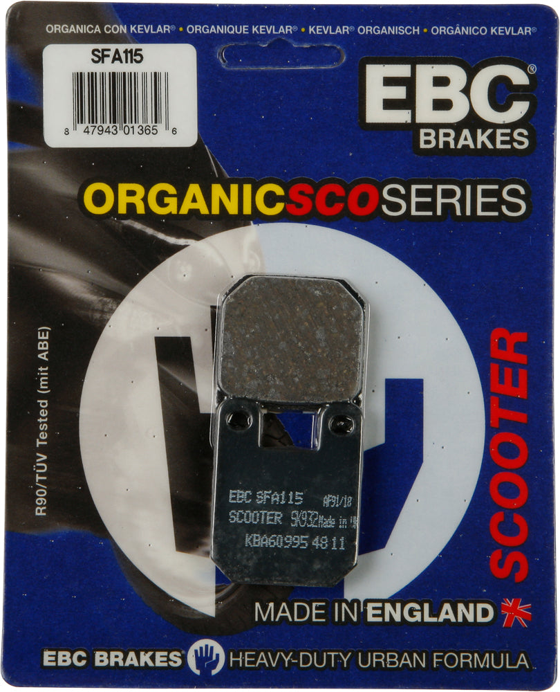 EBC Motorcycle Brakes Sfa115 organic brake pads with metal backing, designed for motorcycle braking systems.