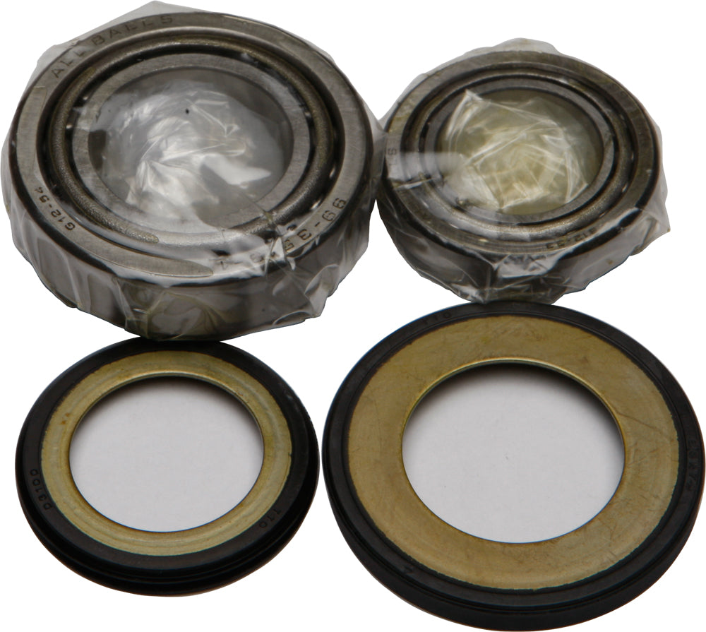 All Balls steering bearing and seal kit 22-2025 with metal and rubber components for motorcycle steering system repair.
