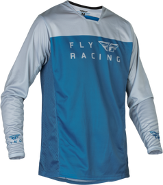 Fly Racing Youth Radium Jersey in slate blue and grey, featuring lightweight, breathable fabric for motocross riding.