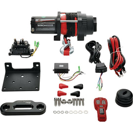 All Balls 4500lb synthetic rope winch with durable construction and black synthetic rope, mounted on a vehicle for off-road recovery.