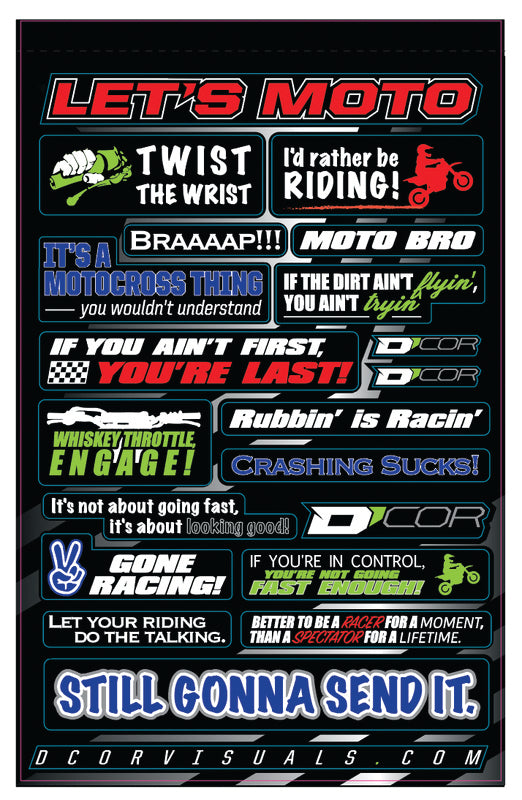 DCOR Kids Moto Talk decal sheet featuring colorful motorcycle-themed graphics and decals for children's decorating projects.