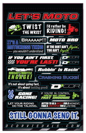 DCOR Kids Moto Talk decal sheet featuring colorful motorcycle-themed graphics and decals for children's decorating projects.