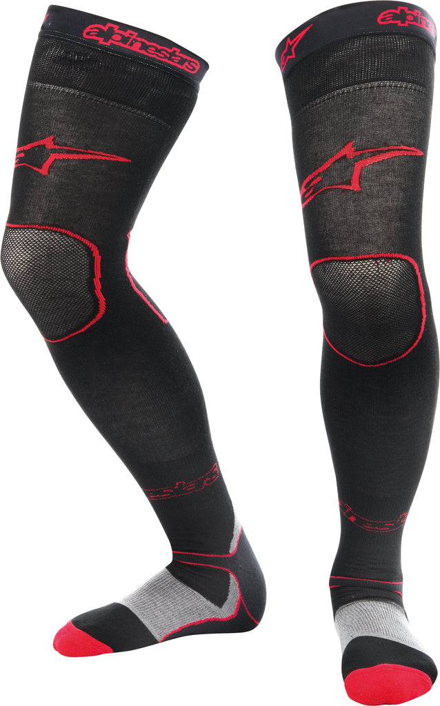 Alpine Star long motocross socks in red, size large to 2X, featuring breathable fabric and durable design for off-road riding.
