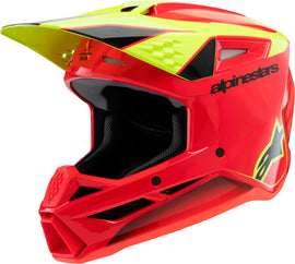 Alpine Star Sm3 Youth Fray Helmet in yellow fluorescent, black and blue with ventilation and adjustable straps.