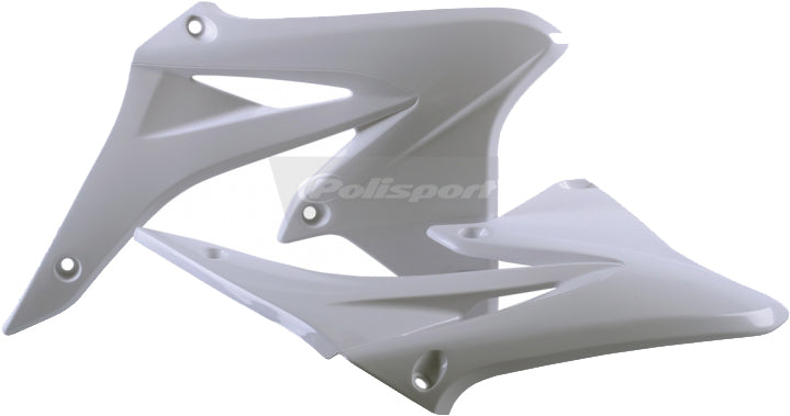 Polisport Plastics white radiator shrouds body kit for off-road vehicles, shown on a vehicle with detailed close-up view.