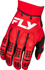 Fly Racing Evolution DST gloves in red, white, and black with padded palms and breathable fabric for motocross riding.