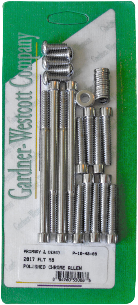 Gardner-Westcott Primary Derby Cover hardware with M8 bolts for motorcycle engine, showcasing metallic finish and mounting components.