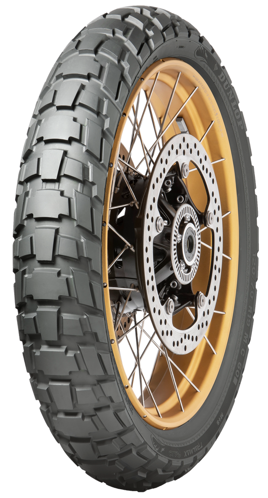 Dunlop Trailmax Raid front motorcycle tire 90/90-21 54T bias-tubeless with rugged tread pattern for off-road riding.