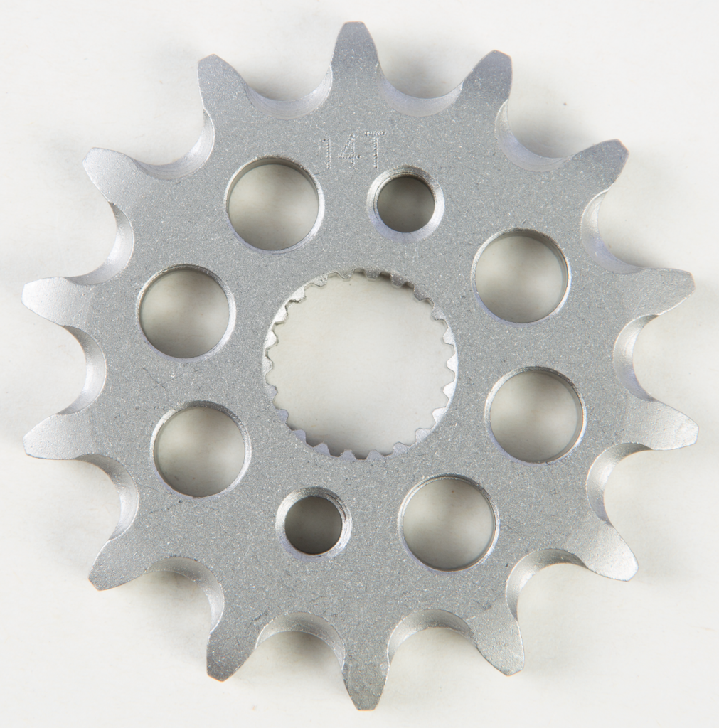 Steel Fire Power front motorcycle sprocket, 14-tooth, fits 420 chain, designed for durability and performance.