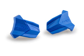 Pair of blue PUIG rubber end replacement frame sliders for R19 motorcycle, showing the textured rubber and mounting brackets.