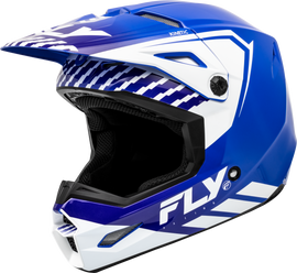 Fly Racing Youth Kinetic Menace helmet in blue and white, featuring a sleek design and adjustable straps for a secure fit.