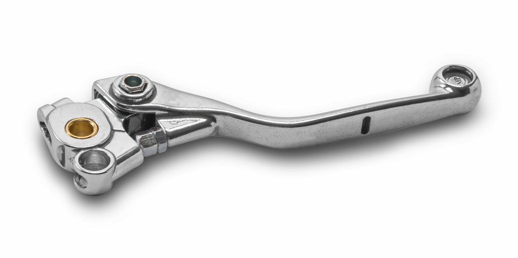 Silver Motion Pro clutch lever for Kawasaki street bikes, featuring a sleek design and ergonomic grip.