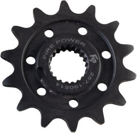 Steel 14-tooth Fire Power Front CS Sprocket for motorcycle, detailed view showing teeth and metal finish