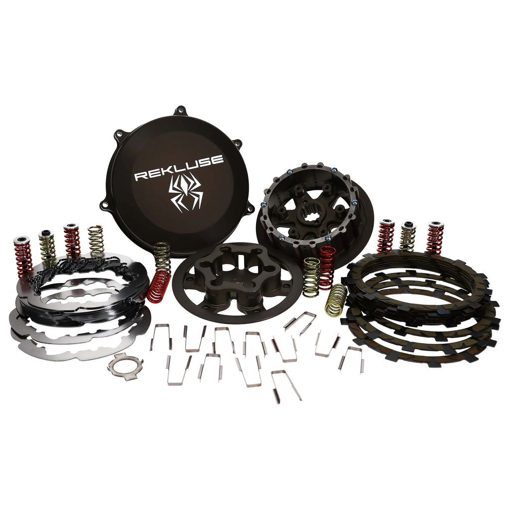 Rekluse Apex Clutch for Kawasaki KX250F/X, motorcycle clutch with metal plates and hydraulic components, close-up view.