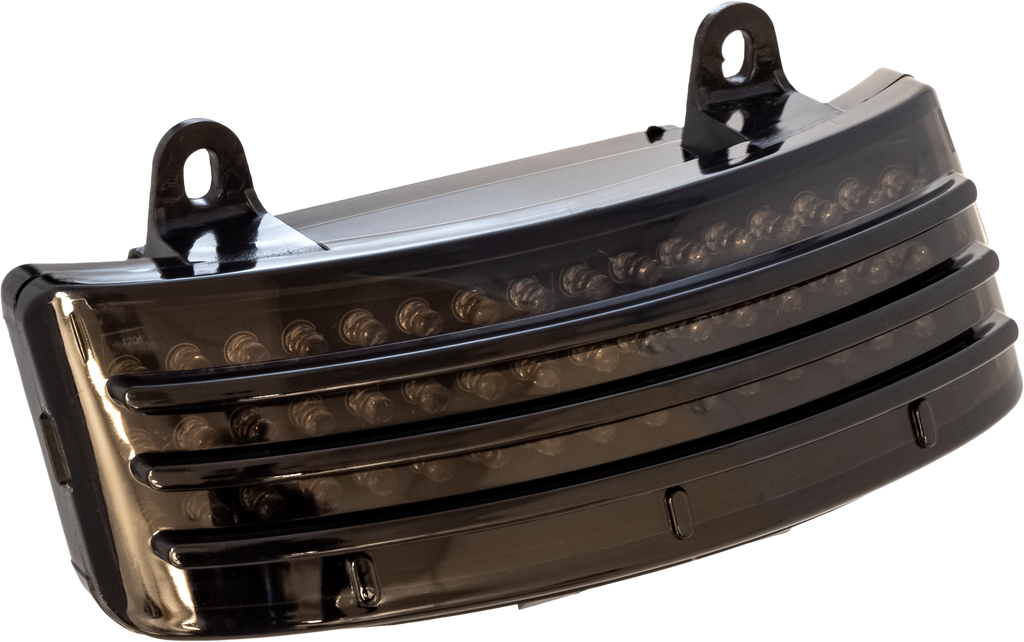Letric Lighting Co Tri-Bar Fender Tip LED smoke lens for motorcycle, showing sleek smoked finish and tri-bar design.