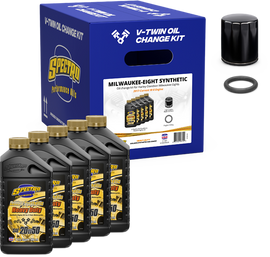 Spectro V-Twin Engine Oil Change Kit for M8 motorcycles, includes synthetic oil and essential parts, displayed in the image.