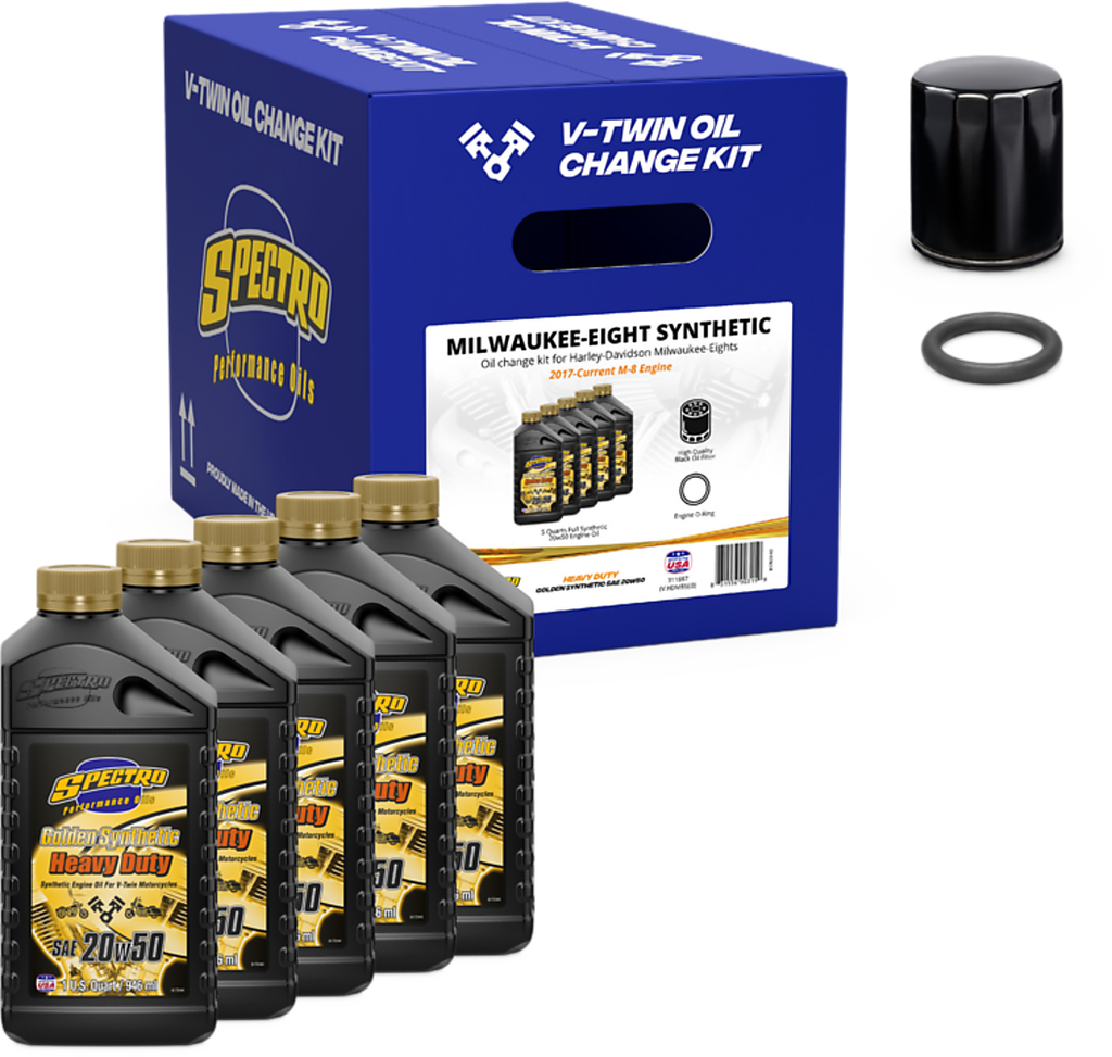 Spectro V-Twin Engine Oil Change Kit for M8 models, includes synthetic oil and filters, shown in packaging.