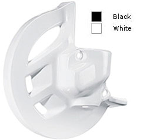 Polisport Plastics front disc cover in white for motorcycle body protection, model 64-3910, shown on a motorcycle.