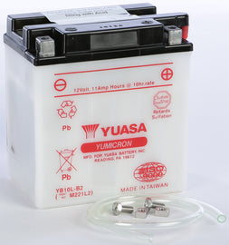 Yuasa YB10L-B2 conventional motorcycle battery showing positive and negative terminals and label details.