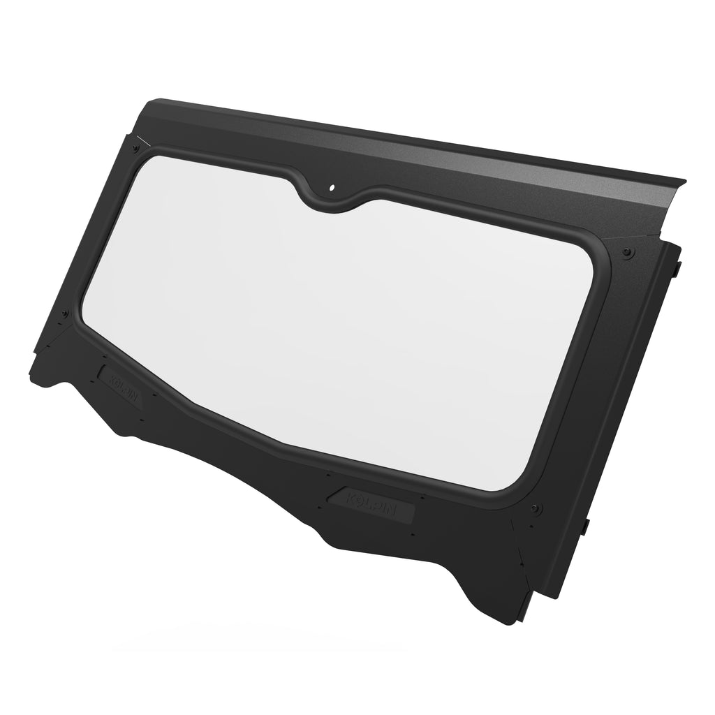 Kolpin glass windshield for Kaw ATV, clear windscreen with mounting frame, designed for durable outdoor use and visibility.