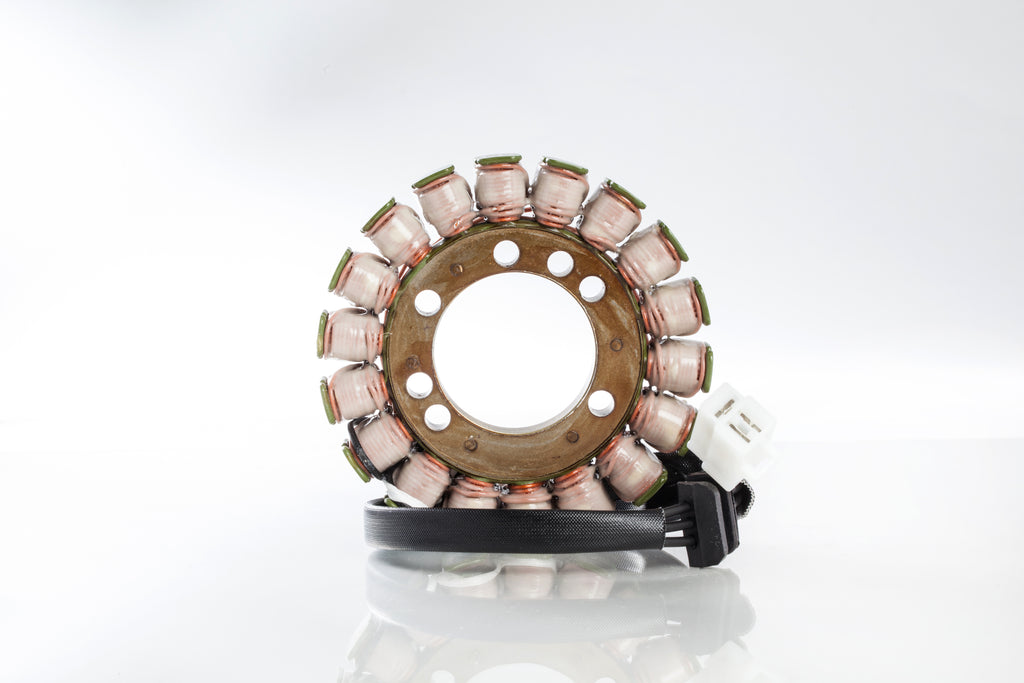 Ricks Motorsport Electric Stator 27-21227 for motorcycle electrical systems, showing the coil windings and mounting points.