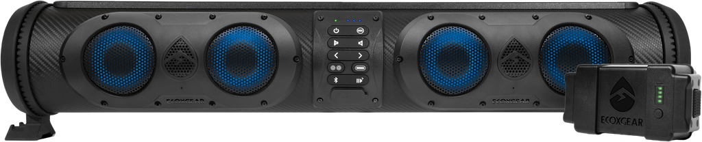 EcoXGear Soundextreme 26-inch battery-powered soundbar with speaker grille and control buttons for portable audio.