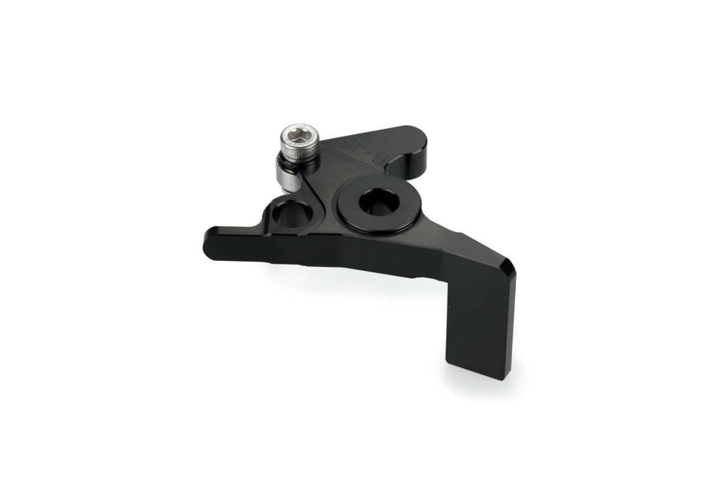 Black PUIG lever adapter for brake levers, shown installed on motorcycle handlebar with detailed close-up of the lever and adapter.