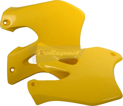 Polisport Plastics yellow radiator shroud for body, with vented design and mounting points, fits off-road or motocross bikes.
