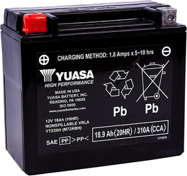 Yuasa YTX20H sealed motorcycle battery with factory activation, showing the battery's top and terminal connections.