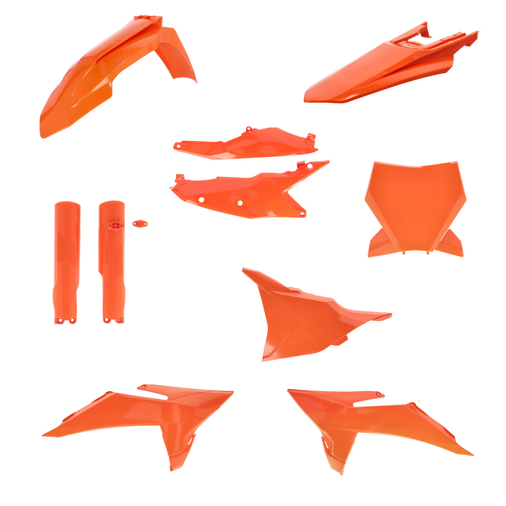 Acerbis full KTM orange plastic body kit with orange panels and black accents for motorcycle body protection and styling.