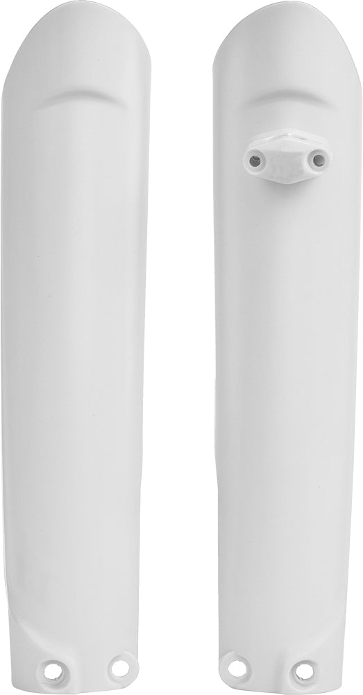 Polisport Plastics white fork guards for bikes, showing close-up of the durable plastic body guards on a motorcycle fork assembly.