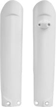 Load image into Gallery viewer, Polisport Plastics white fork guards for bikes, showing close-up of the durable plastic body guards on a motorcycle fork assembly.