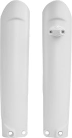 Polisport Plastics white fork guards for bikes, showing close-up of the durable plastic body guards on a motorcycle fork assembly.