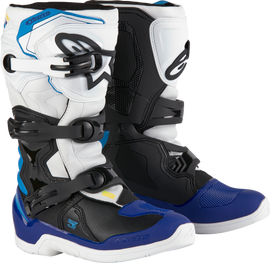 Alpine Star Tech 3s youth motocross boots in white, black, and enamel blue with size 7, featuring protective design and sturdy construction.