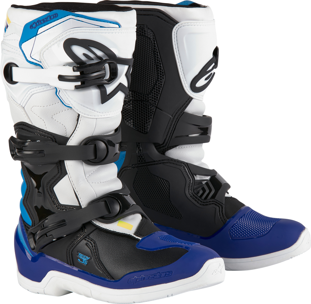 Alpine Star Tech 3s youth motorcycle boots in white, black, and enamel blue with size 6, featuring sturdy design and protective features.