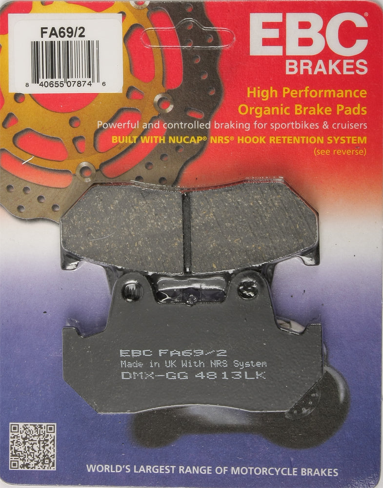 EBC Motorcycle Brakes Fa69/2 organic brake pads showing black and metal components for motorcycle braking system.