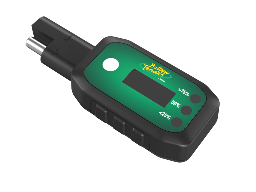 Battery Tender LCD/LED voltage display tool showing a digital readout on a compact device for monitoring battery voltage.
